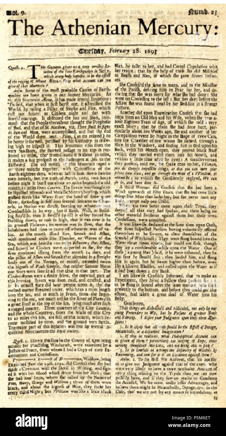 N/A. English: The Athenian Mercury newspaper, February 28, 1693 . 28 February 1693. The Athenian Society 144 Athenian Mercury Feb 28 1693 Stock Photo