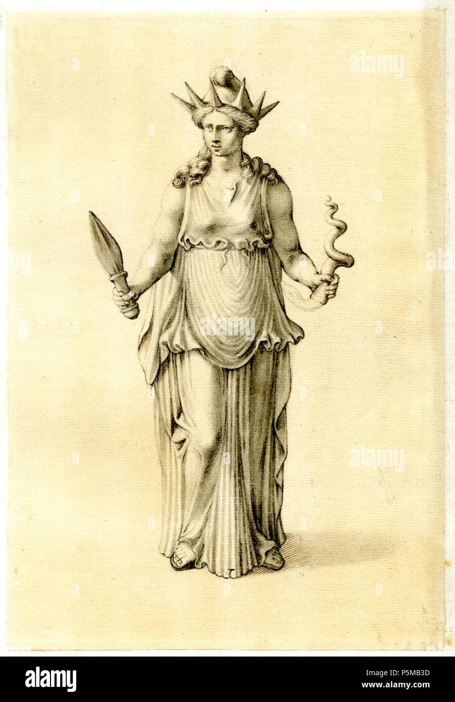 N/A. English: Hekate holding a swordi in the right hand, a snake in the left. (Detail of fol. 37 - Statuette of Triple-bodied Hekate). Pen, ink and grey wash. 29 June 2011.   Richard Cosway  (1742–1821)      Description English miniaturist  Date of birth/death 5 November 1742 4 July 1821  Location of birth/death Tiverton, Devon London  Work location London; Paris  Authority control  : Q2539929 VIAF:40191108 ISNI:0000 0001 1626 2345 ULAN:500115280 LCCN:n93108180 NLA:35510021 WorldCat 97 AN00969956 001 l Stock Photo