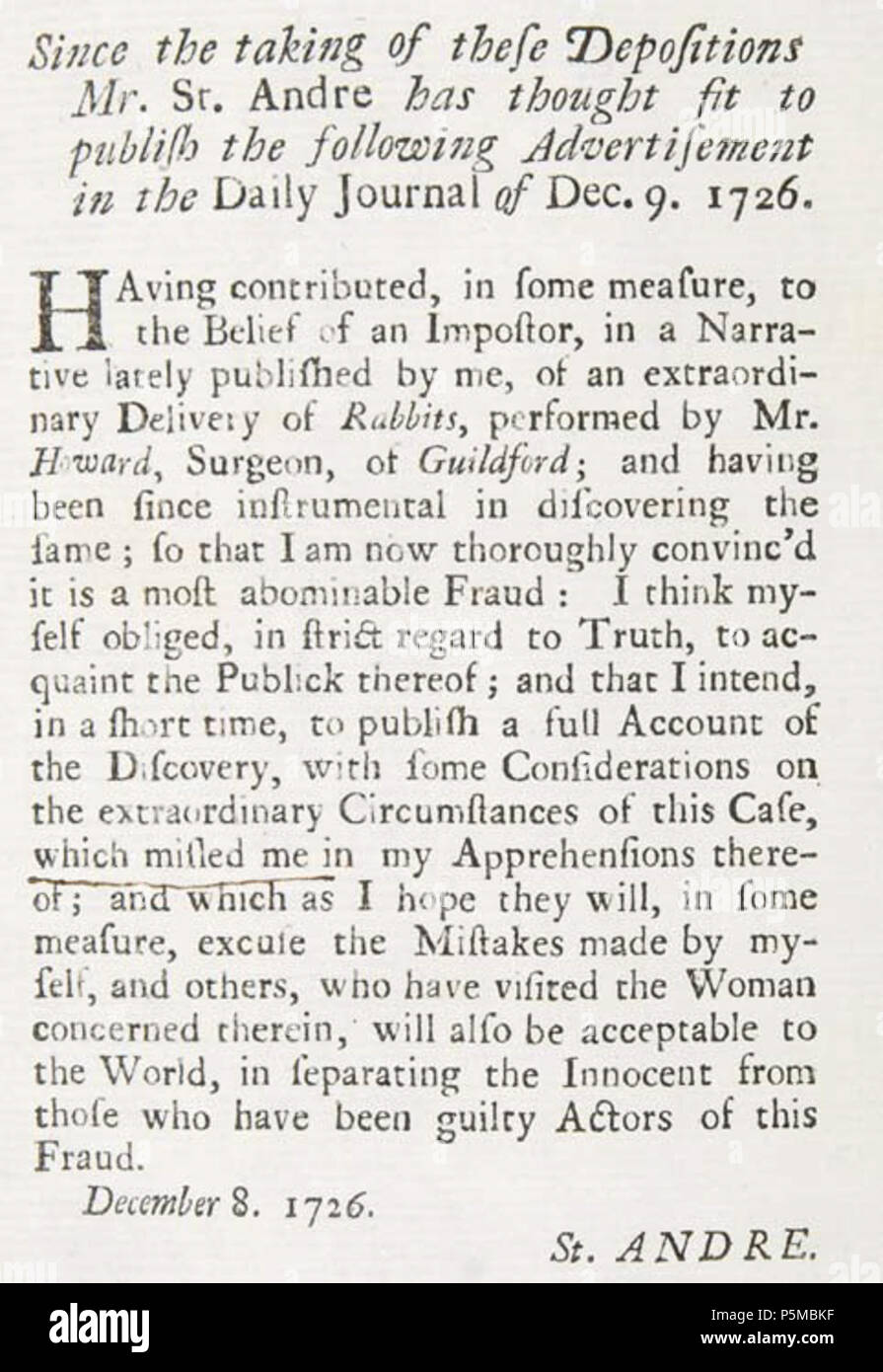 N/A. St André's advertisement of retraction in the Daily Journal of 9.12.1726 (in Hunterian Aa.7.20) . 9 December 1726. Nathaniel St. André 98 Andre excuse Stock Photo