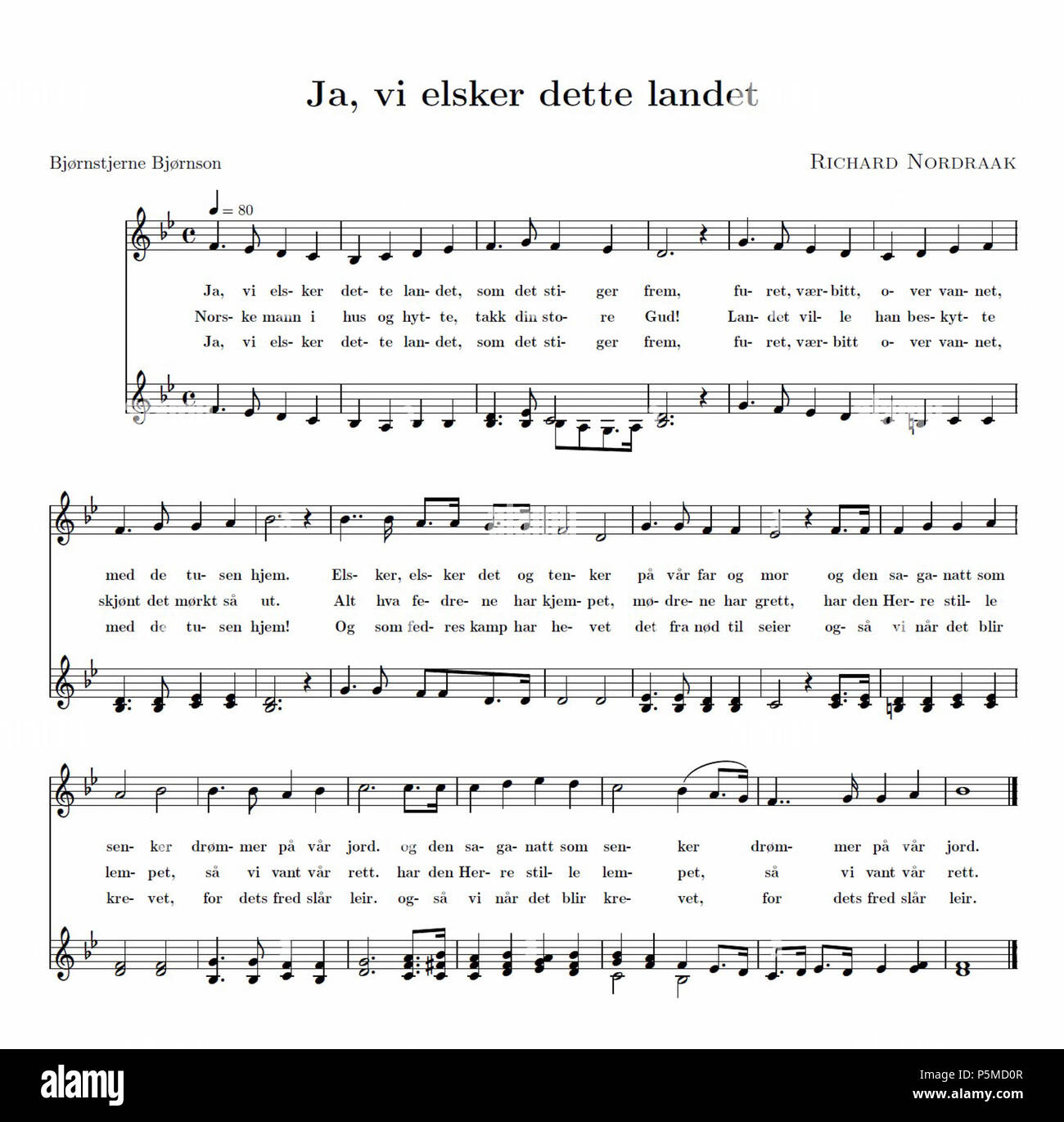 N/A. English: Notes of the national anthem of Norway in B major. The original arrangement by Rikard Nordraak in E major can be found here: File:Fedrelandssang ferdig.svg :     . 1864. Rikard Nordraak 108 Anthem of Norway Stock Photo