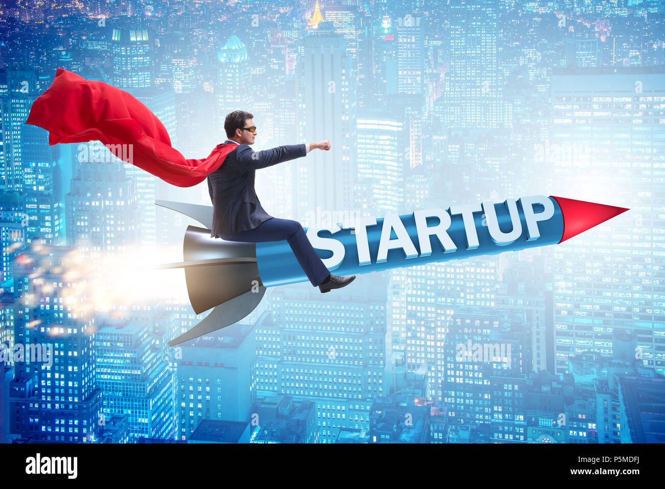 Superhero businessman in start-up concept flying rocket Stock Photo - Alamy