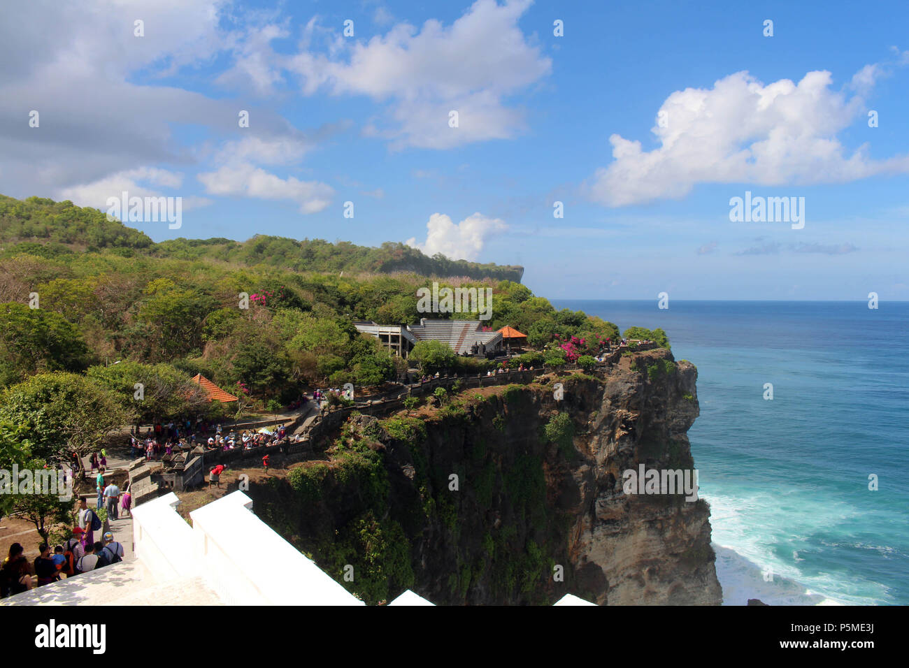 The exotic temple at the cliff, Pura Luhur Uluwatu. What a stunning view! Taken in Bali, July 2018. Stock Photo