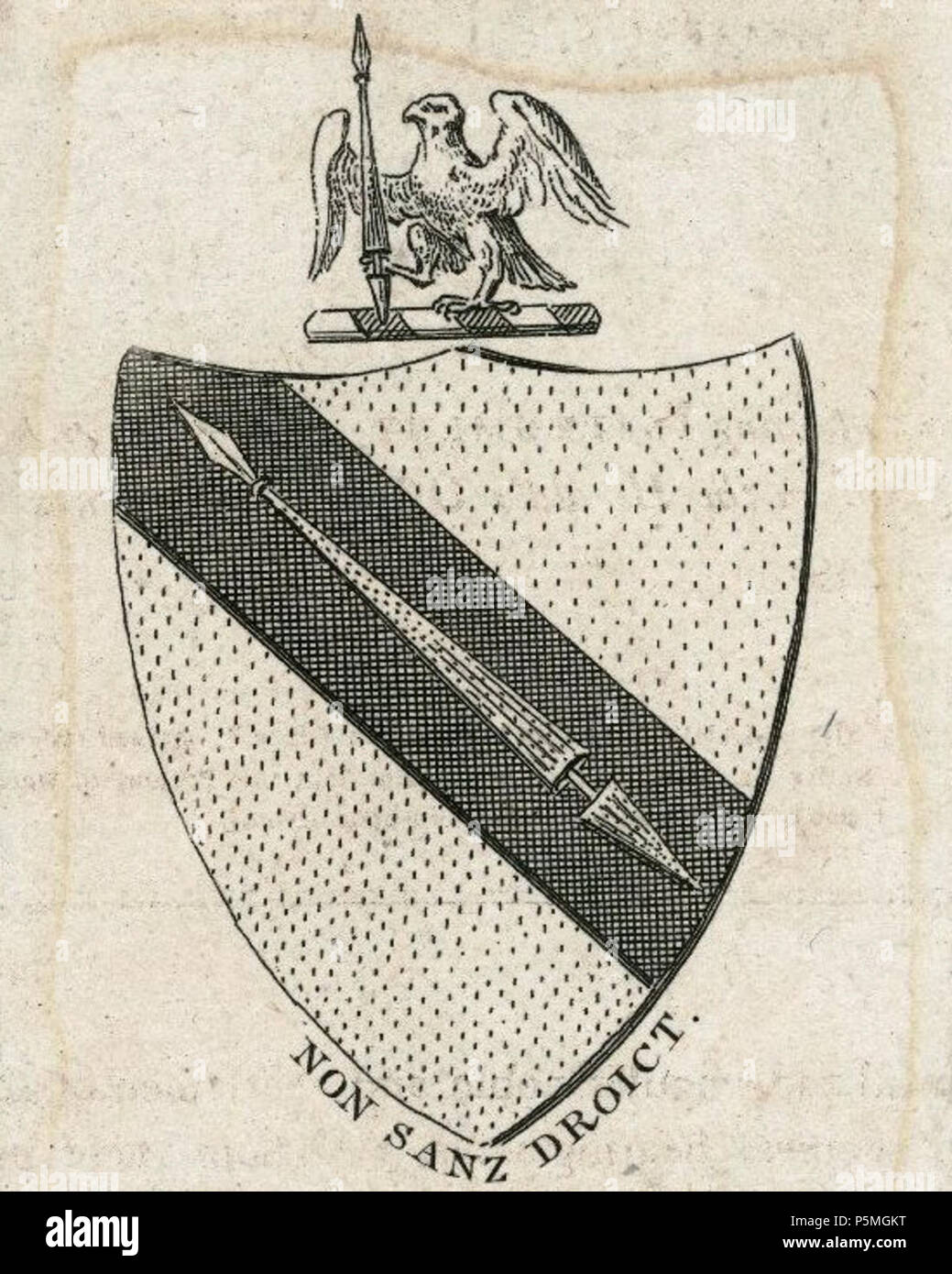 N/A. English: Cropped image of engraved print of Shakespeare's coat of arms, printed for John Bell, London, 1787. Blazon: Or, on a bend sable, a [tilting] spear of the field headed argent.[1] . 3 January 1787. unknown engraver 127 Arms of Shaksperecropped Stock Photo