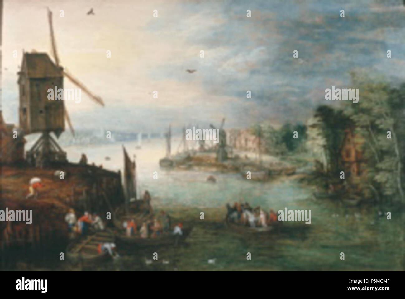 English: River landscape with windmills and ships  1600. N/A 243 Brueghel-riverlandscape Stock Photo