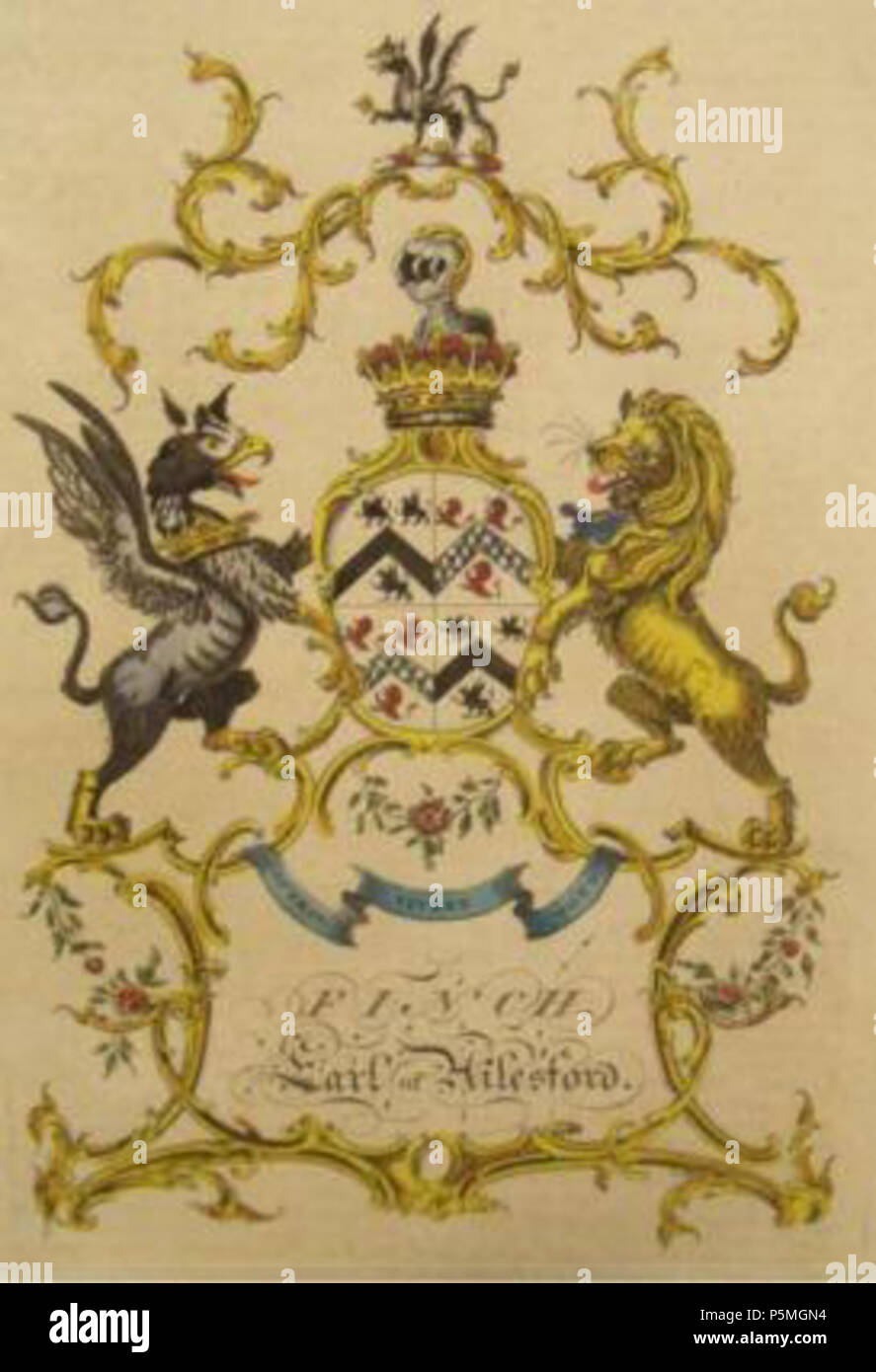 N/A. English: Arms of Heneage Finch, 3rd Earl of Aylesford (1715-1777), print from Alexander Jacob’s three volume work, “A Complete English Peerage,” London, 1766-1769. Arms: Quarterly 1st & 4th: Argent, a chevron between three griffins passant sable (Finch); 2nd & 3rd: Argent, a chevron vair between three demi-lions rampant gules (Fisher of Great Packington, Warwickshire). Crest: A griffin passant sable. Supporters: dexter: A griffin sable ducally gorged or; sinister: A lion or ducally gorged azure[1] . between 1766 and 1769. print from Alexander Jacob’s three volume work, “A Complete English Stock Photo