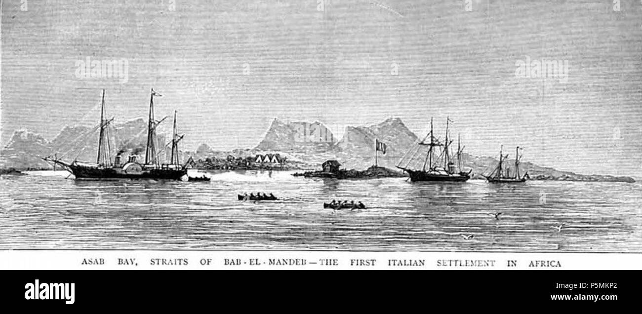N/A. English: View of the newly-established Italian settlement at Assab, in what was to become Italian Eritrea. Assab Bay was purchased from a local sultan by the Italian navigation company Rubattino in 1869, but the first settlement was established only early 1880. The Italian government acquired Assab in 1882. Engraving in the 28 February 1880 issue of the British weekly The Graphic. 1880. British weekly The Graphic, 1880. 143 Assab 1880 Stock Photo