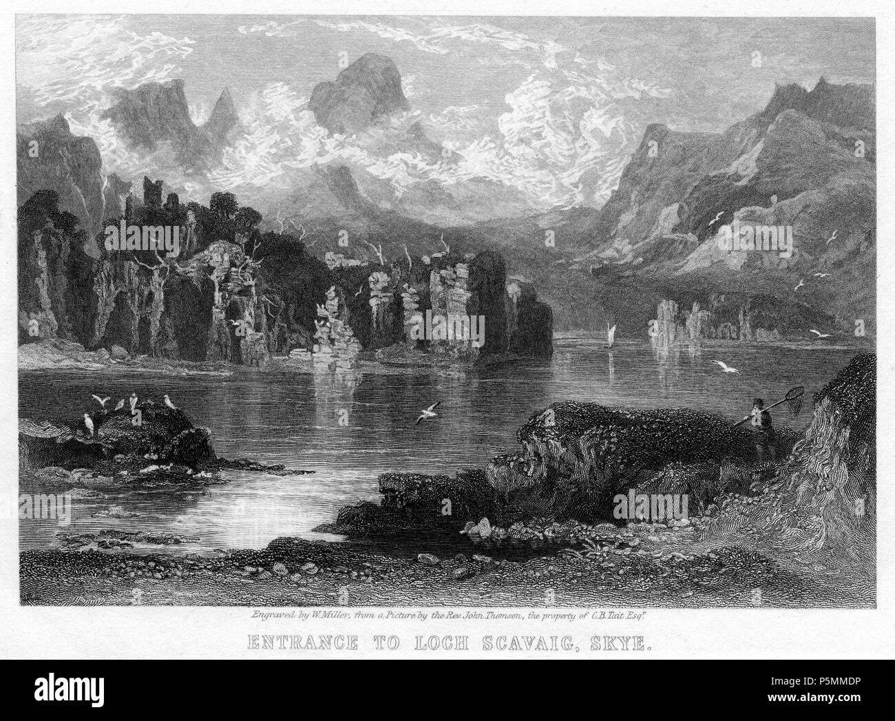 N/A. Entrance to Loch Skavaig, Skye engraving by William Miller after Rev john Thomson, published in Black's Picturesque Tourist of Scotland with an Accurate Travelling Map, Engraved Charts, and Views of the Scenery; Plans of Edinburgh and Glasgow; and a Copious Itinerary. Adam & Charles Black, Edinburgh; various editions from 1846 . 1846.   William Miller  (1796–1882)     Alternative names William Frederick I Miller; William Frederick, I Miller  Description Scottish engraver  Date of birth/death 28 May 1796 20 January 1882  Location of birth/death Edinburgh Sheffield  Authority control  : Q25 Stock Photo