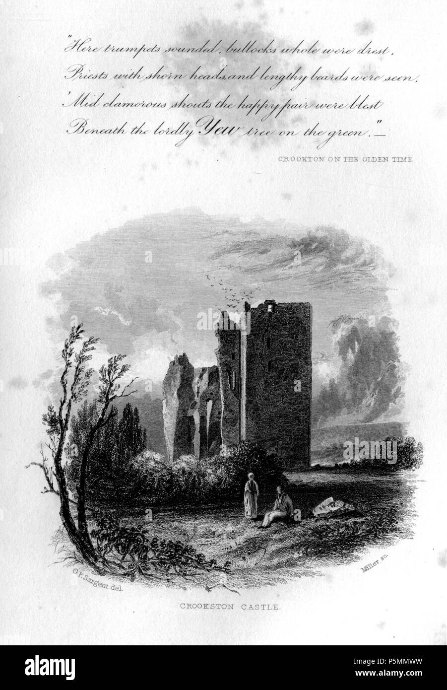 N/A. Crookston Castle engraving by William Miller after G F Sargent (Miller paid £5-5-0 in ii 1832 for engraving), published in The Castles, Palaces and Prisons of Mary of Scotland. Charles Mackie. London. C Cox, 12, King William St, Strand, Oliver & Boyd Edinburgh, David Robertson, Bookseller to the Queen Glasgow, James Chalmers Dundee, & J Robertson Dublin. 1849 . 1832.   William Miller  (1796–1882)     Alternative names William Frederick I Miller; William Frederick, I Miller  Description Scottish engraver  Date of birth/death 28 May 1796 20 January 1882  Location of birth/death Edinburgh Sh Stock Photo