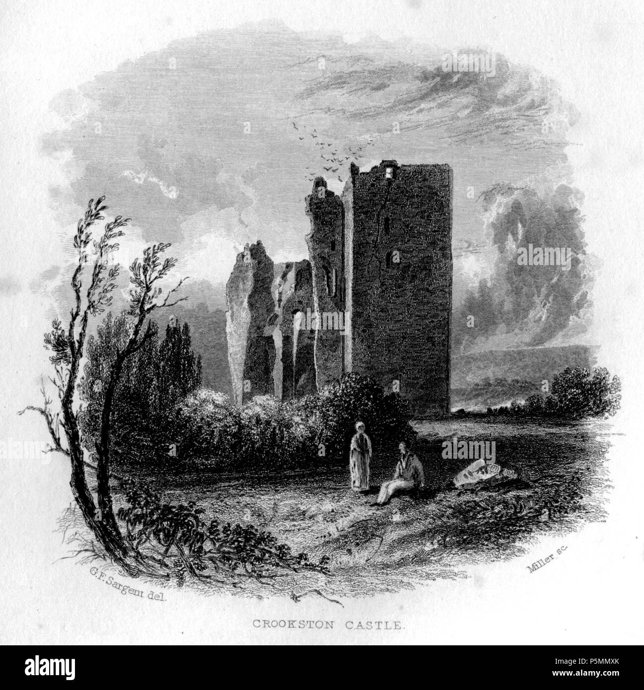 N/A. Crookston Castle vignette engraving by William Miller after G F Sargent (Miller paid £5-5-0 in ii 1832 for engraving), published in The Castles, Palaces and Prisons of Mary of Scotland. Charles Mackie. London. C Cox, 12, King William St, Strand, Oliver & Boyd Edinburgh, David Robertson, Bookseller to the Queen Glasgow, James Chalmers Dundee, & J Robertson Dublin. 1849 . 1832.   William Miller  (1796–1882)     Alternative names William Frederick I Miller; William Frederick, I Miller  Description Scottish engraver  Date of birth/death 28 May 1796 20 January 1882  Location of birth/death Edi Stock Photo