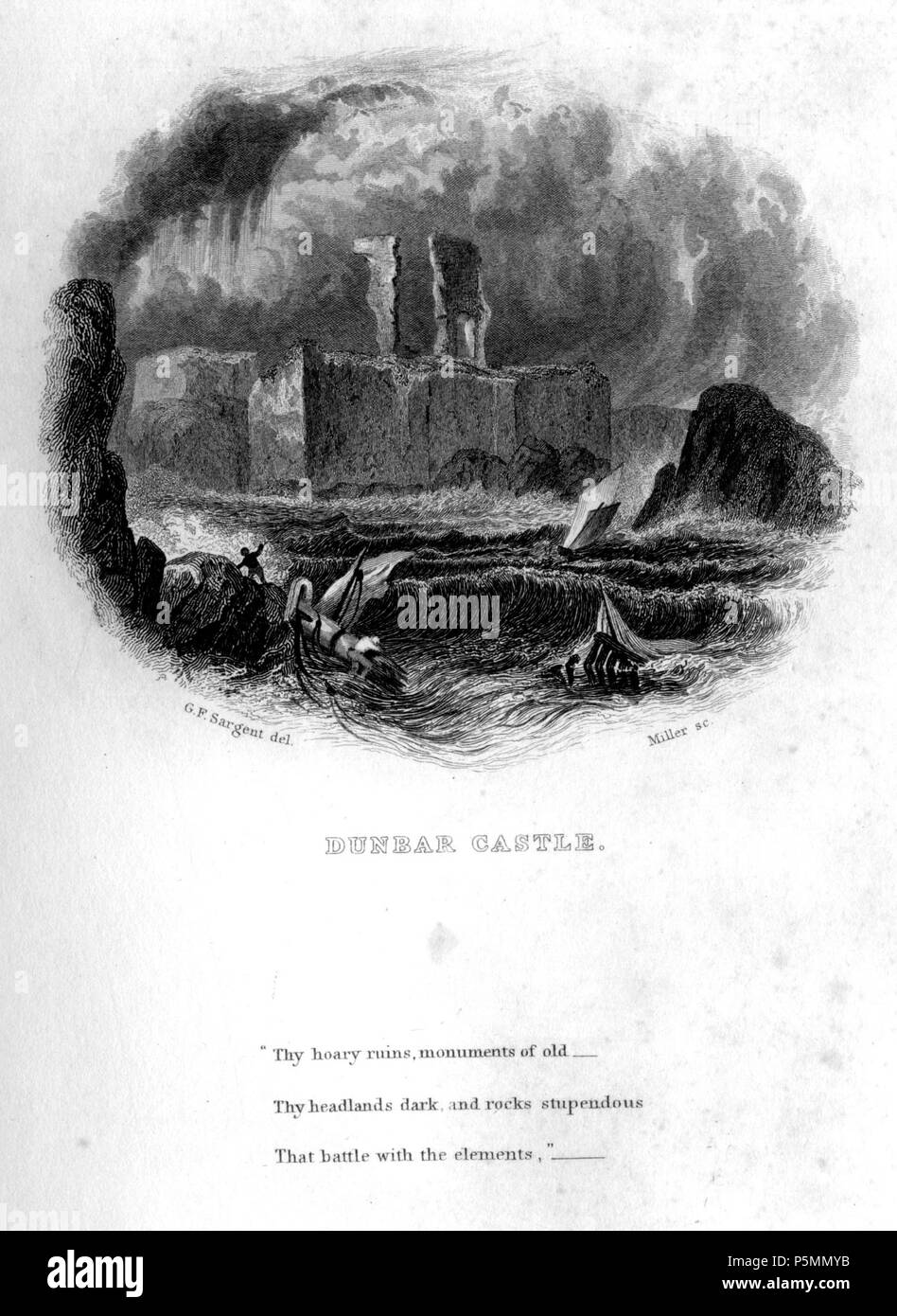 N/A. Dunbar Castle engraving by William Miller after G F Sargent (Miller paid £5-5-0 in xii 1831 for engraving), published in The Castles, Palaces and Prisons of Mary of Scotland. Charles Mackie. London. C Cox, 12, King William St, Strand, Oliver & Boyd Edinburgh, David Robertson, Bookseller to the Queen Glasgow, James Chalmers Dundee, & J Robertson Dublin. 1849 . 1832.   William Miller  (1796–1882)     Alternative names William Frederick I Miller; William Frederick, I Miller  Description Scottish engraver  Date of birth/death 28 May 1796 20 January 1882  Location of birth/death Edinburgh Shef Stock Photo