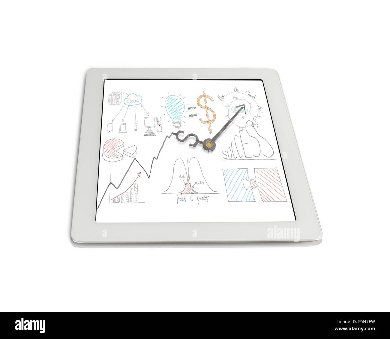 Money symbol clock hands with Statistics doodles on digital tablet isolated in white Stock Photo