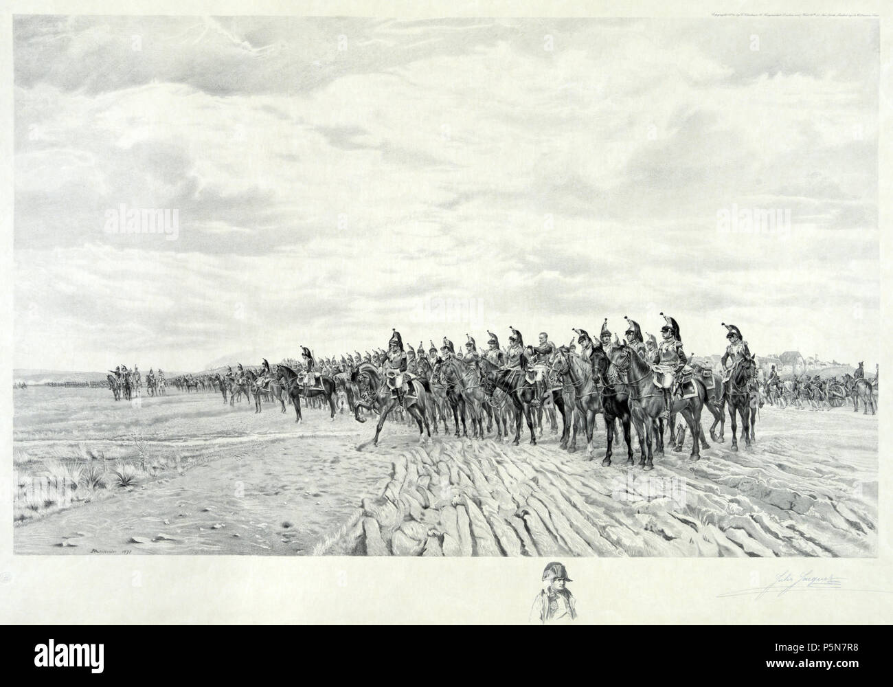 N/A.  English: 1805 Napoleon at Austerlitz. Print showing long line of French cavalry with artillery moving behind them at Austerlitz. Includes remarque of Napoleon, half-length portrait, facing slightly right. . circa 1894. N/A 27 1805 Napoleon at Austerlitz 2 Stock Photo