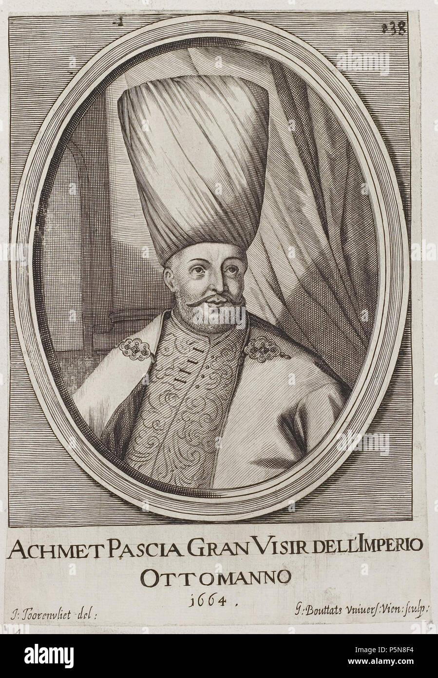 N/A. Grafik aus dem Klebeband Nr. 2 der Fürstlich Waldeckschen  Hofbibliothek Arolsen Motiv: 'Achmet Pascia Gran Visir dell'Imperio  Ottomanio' (= Großwesir Köprülü Fazl Ahmed) . 1664. After Jacob Toorenvliet  (1640–1719) Alternative names