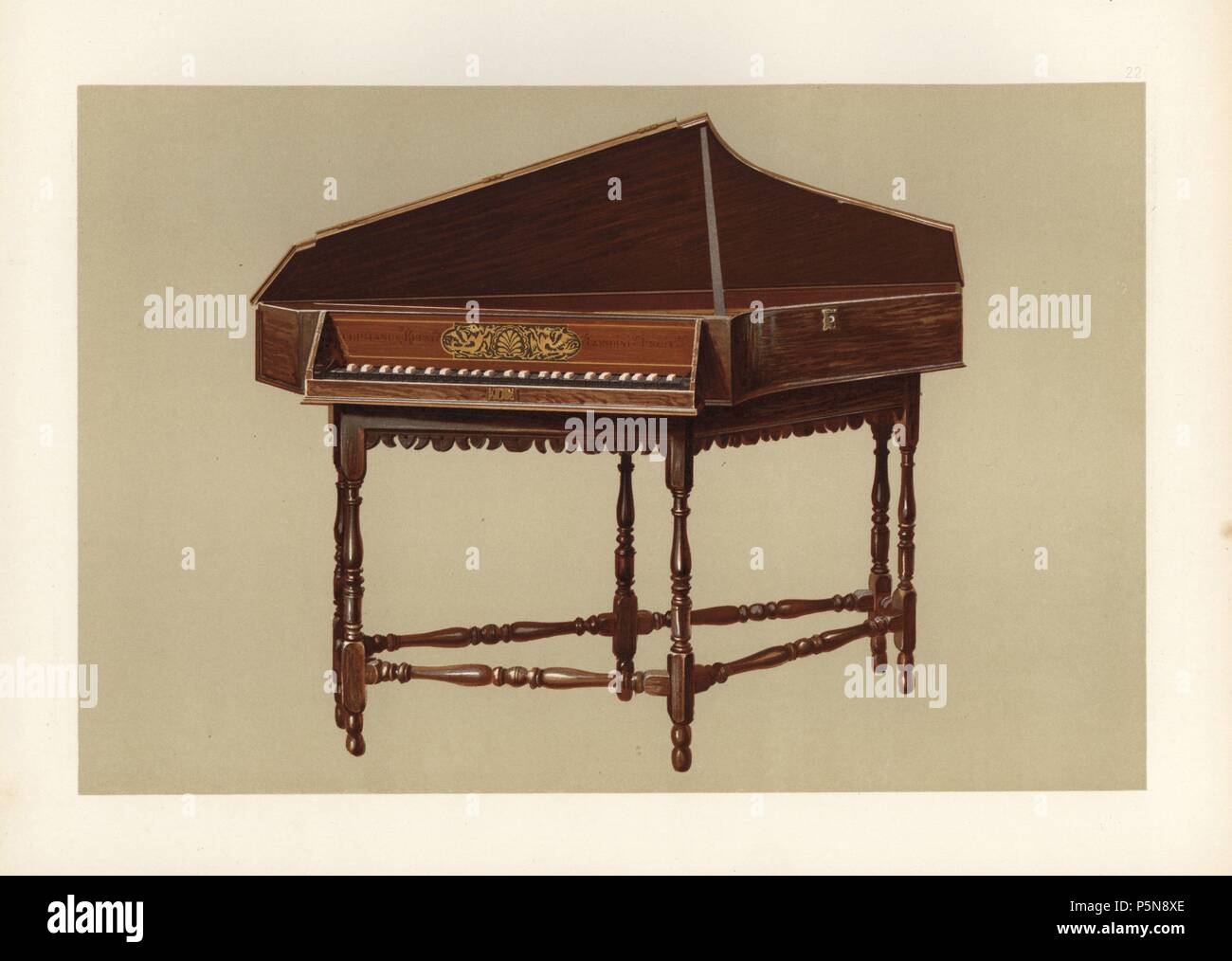 A transverse spinet with six legs made in London by Stephen Keene at the end of the 17th century. Keene was a well-known maker of 'harpsycons and virginals' from at least 1671 to 1719. Chromolithograph from an illustration by William Gibb from A.J. Hipkins' 'Musical Instruments, Historic, Rare and Unique,' Adam and Charles Black, Edinburgh, 1888. Alfred James Hipkins (1826-1903) was an English musicologist who specialized in the history of the pianoforte and other instruments. William Gibb was a master illustrator and chromolithographer and illustrated 'The Royal House of Stuart' (1890), 'Nava Stock Photo
