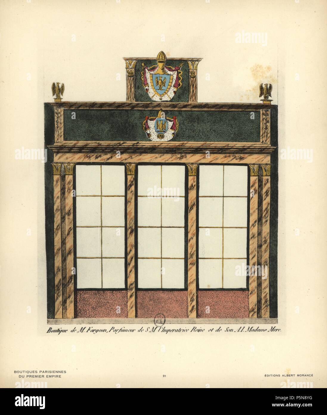 Shopfront of Monsieur Fargeon's perfumery to the Empress Josephine, Paris, circa 1800. Handcoloured lithograph from Hector-Martin Lefuel's "Boutiques Parisiennes du Premier Empire," (Parisian Stores of the First Empire), Paris, Albert Morance, 1925. The lithographs were reproduced from watercolors by the French architect Hector-Martin Lefuel (1810-1880), famous for his work on the completion of the Louvre and Fontainebleau. Stock Photo