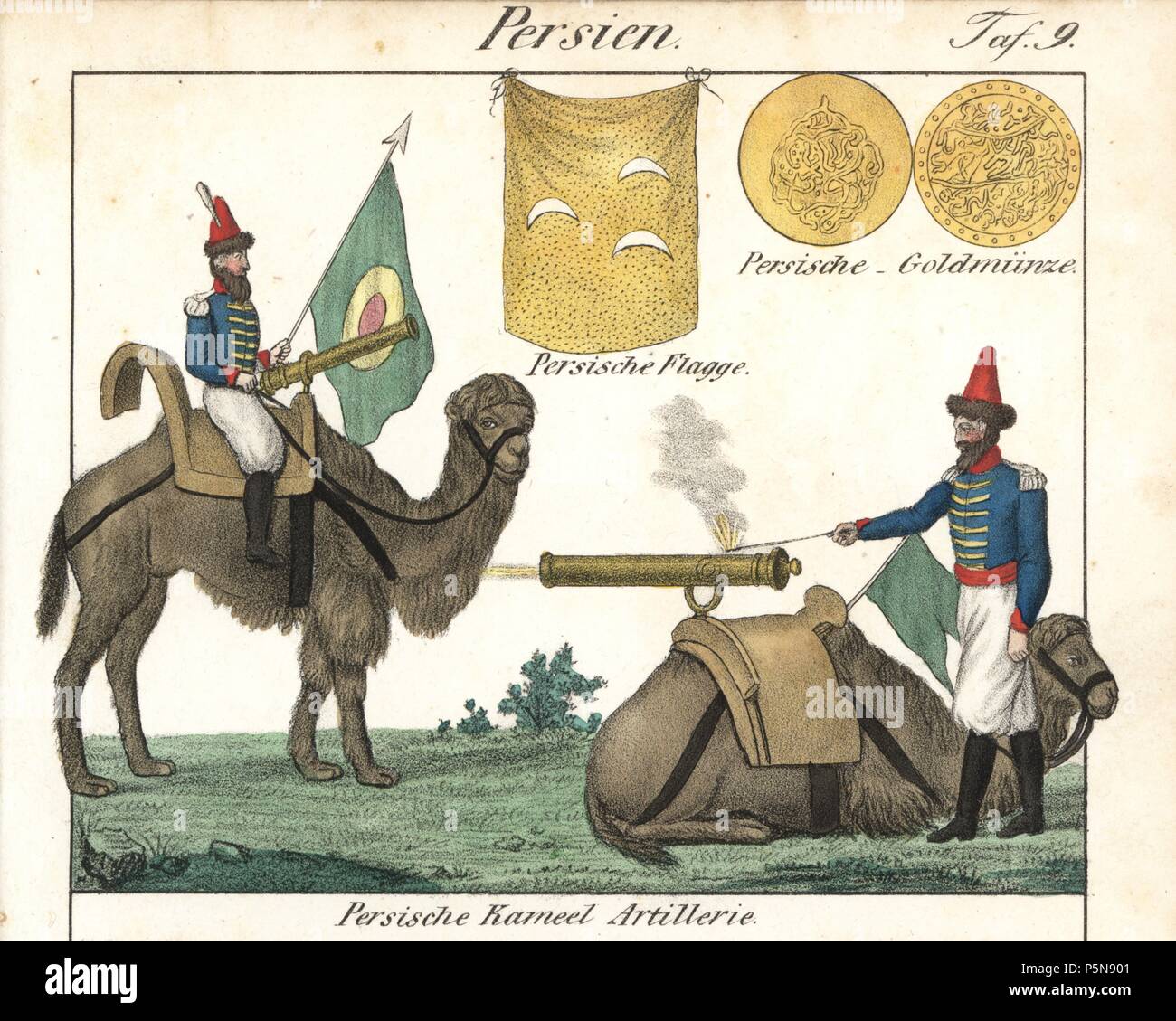 Persian camel artillery showing bombardiers firing cannons mounted on saddles. Persian flag and gold coins. Handcoloured lithograph from Friedrich Wilhelm Goedsche's 'Vollstaendige Völkergallerie in getreuen Abbildungen' (Complete Gallery of Peoples in True Pictures), Meissen, circa 1835-1840. Goedsche (1785-1863) was a German writer, bookseller and publisher in Meissen. Many of the illustrations were adapted from Bertuch's 'Bilderbuch fur Kinder' and others. Stock Photo