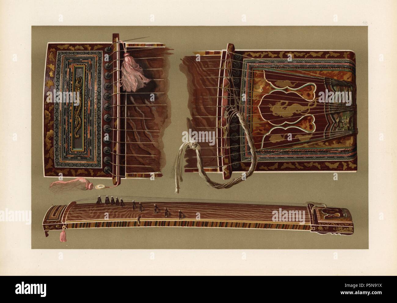 Japanese koto or 13-string harp made of kiri wood with elaborately decorated head and foot. Chromolithograph from an illustration by William Gibb from A.J. Hipkins' 'Musical Instruments, Historic, Rare and Unique,' Adam and Charles Black, Edinburgh, 1888. Alfred James Hipkins (1826-1903) was an English musicologist who specialized in the history of the pianoforte and other instruments. William Gibb was a master illustrator and chromolithographer and illustrated 'The Royal House of Stuart' (1890), 'Naval and Military Trophies' (1896), and others. Stock Photo