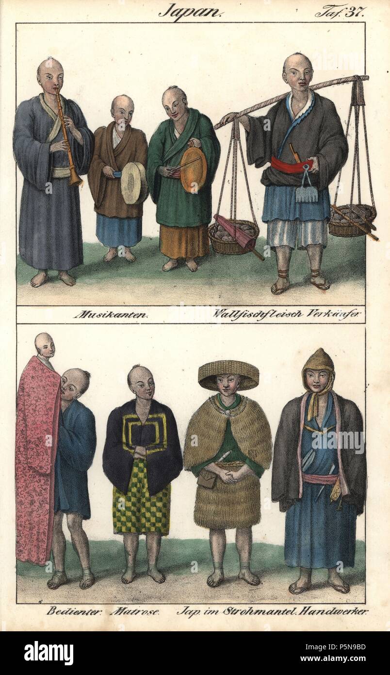 Costumes of Japan circa 1800, including three musicians with cymbal, drum  and recorder, a seller of whale meat, a shop assistant with kimono, a  sailor, a man in straw clothes, and a