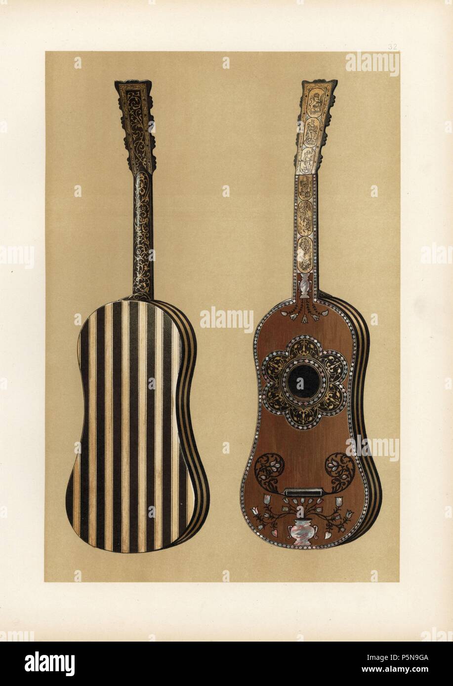 Guitar with inlaid ivory plaques, engraved fingerboard, mother-of-pearl vase beneath the bridge, and back of ebony and ivory. Chromolithograph from an illustration by William Gibb from A.J. Hipkins' 'Musical Instruments, Historic, Rare and Unique,' Adam and Charles Black, Edinburgh, 1888. Alfred James Hipkins (1826-1903) was an English musicologist who specialized in the history of the pianoforte and other instruments. William Gibb was a master illustrator and chromolithographer and illustrated 'The Royal House of Stuart' (1890), 'Naval and Military Trophies' (1896), and others. Stock Photo