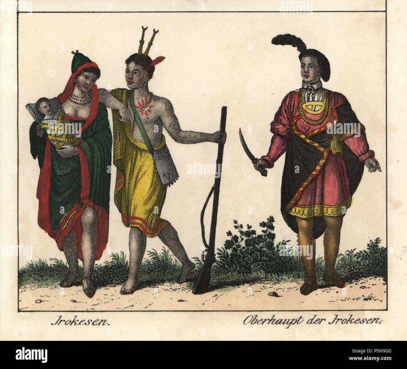 Tattooed Iroquois man with musket and headdress, woman in necklace and cape holding baby in a papoose, and an Iroquois chief in robes, feather headdress and dagger. Handcoloured lithograph from Friedrich Wilhelm Goedsche's 'Vollstaendige Völkergallerie in getreuen Abbildungen' (Complete Gallery of Peoples in True Pictures), Meissen, circa 1835-1840. Goedsche (1785-1863) was a German writer, bookseller and publisher in Meissen. Many of the illustrations were adapted from Bertuch's 'Bilderbuch fur Kinder' and others. Stock Photo