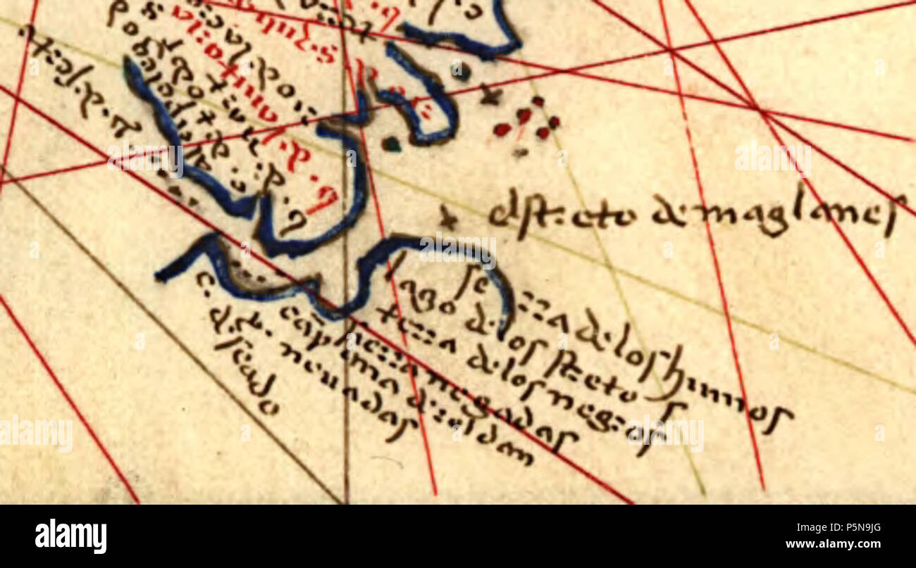 N/A. Detail of a world map from the Portalan atlas of Battista Agnese. The third name from the bottom-left says Campana de Roldan after the Flemish sailor Roldán de Argot who was the first to see the Pacific on the voyage of Magellan. 1544.   Battista Agnese  (1500–1564)    Alternative names Battista Giovanni Agnese  Description Italian cartographer  Date of birth/death 1500 1564  Location of birth Genoa  Work location Venetian Republic  Authority control  : Q612967 VIAF:268129227 ISNI:0000 0003 8320 9717 LCCN:n81089266 NLA:35112164 GND:113428391 WorldCat 177 Battista Agnese Strait of Magellan Stock Photo