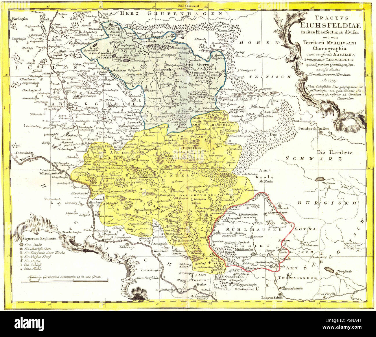 N/A. TRACTUS EICHSFELDIAE - Historische Karte des Eichsfelds von 1759 Die Karte weist einige Fehler auf: Die Bezeichnungen 'Obereichsfeld' und 'Untereichsfeld' sind vertauscht Die Namen der Orte Espelingerode (Esplingerode) und Desingerode sind vertauscht Die Grenze zwischen dem Calenbergischen und dem Heiligenstädter Gebiet ist zu weit südlich eingezeichnet: somit liegen die zum Eichsfeld gehörenden Dörfer Rorberg (Rohrberg), Bergwalde (Burgwalde), Bischhagen, Freienhagen und Schachtebich hier außerhalb des Eichsfelds Die Ortschaft Elzeborn (Etzenborn) gehörte nie zum Eichsfeld Die Ortschaft  Stock Photo