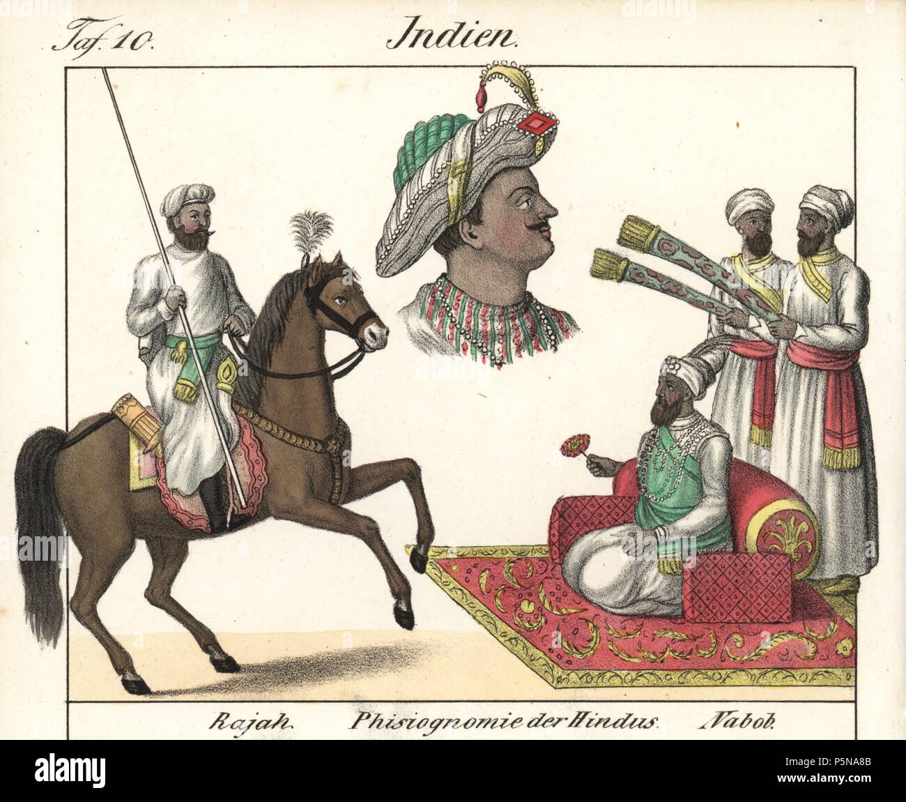 Costumes of high ranking Indians including a rajah on horseback and a ...