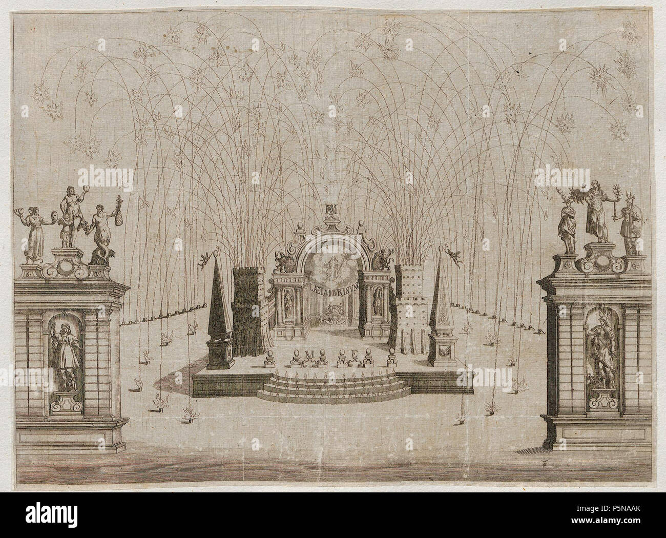 N/A. Grafik aus dem Klebeband Nr. 15 der Fürstlich Waldeckschen Hofbibliothek Arolsen Feuerwerksdrama Medea vendicativa von Pietro Baolo Bissari mit Musik von Johann Kaspar Kerll, aufgeführt zum 'Churfürstlich Bayerischen Frewden-Fest' auf einer schwimmenden Bühne unter freiem Himmel an einem Nebenarm der Isar; Bühnenbild von Francesco Santurini VII. Bild (), Feuerwerk . 1662. Caspar Amort, Melchior Küssel, Matthäus Küssel 138 Arolsen Klebeband 15 135 Stock Photo