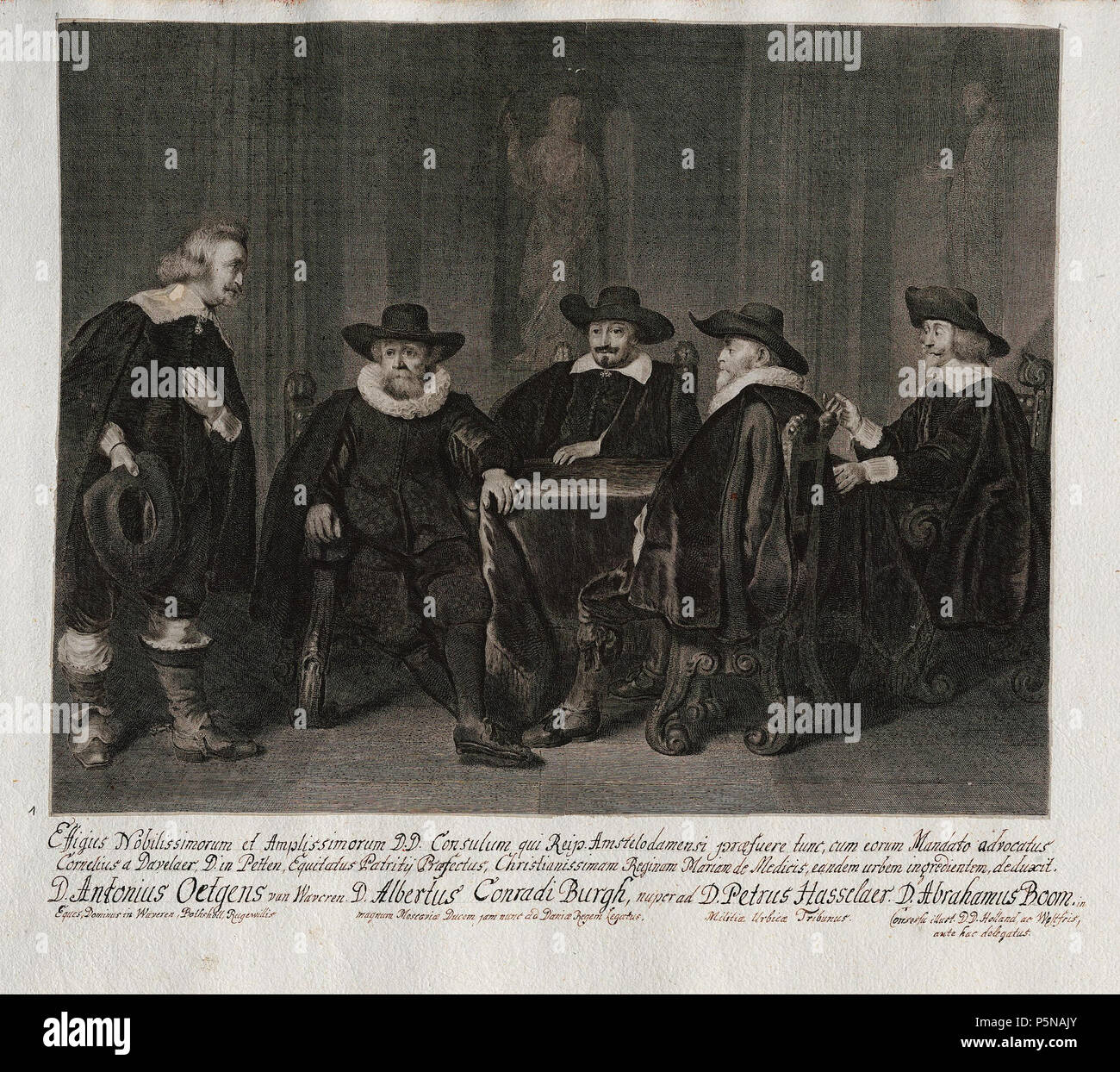 N/A. Grafik aus dem Klebeband Nr. 15 der Fürstlich Waldeckschen  Hofbibliothek Arolsen Motiv: Die vier Amsterdamer Bürgermeister warten auf  die Nachricht der Ankunft des feierlichen Einzugs der Maria de' Medici 1638  Am