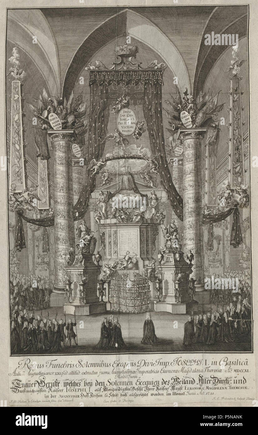 N/A. Grafik aus dem Klebeband Nr. 16 („Leichbegängnisse“) der Fürstlich Waldeckschen Hofbibliothek Arolsen Motiv: Trauergerüst (Katafalk) für Kaiser Joseph I. in der Augustiner-Hofkirche Wien . circa 1722. J. B. Fischers de Erlachen invenit, filius eius delineavit, J. A. Delsenbach sculpsit   Johann Bernhard Fischer von Erlach  (1656–1723)     Alternative names Fischer, Johann Bernhard (until 1696)  Description Austrian architect and sculptor  Date of birth/death 20 July 1656 5 April 1723  Location of birth/death Graz Vienna  Work location Salzburg, Wien  Authority control  : Q84305 VIAF:10018 Stock Photo