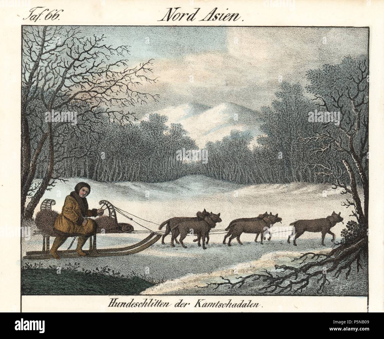 Itelmen man in fur-lined clothes riding a dogsled driven by five dogs in Kamchatka. Handcoloured lithograph from Friedrich Wilhelm Goedsche's 'Vollstaendige Völkergallerie in getreuen Abbildungen' (Complete Gallery of Peoples in True Pictures), Meissen, circa 1835-1840. Goedsche (1785-1863) was a German writer, bookseller and publisher in Meissen. Many of the illustrations were adapted from Bertuch's 'Bilderbuch fur Kinder' and others. Stock Photo