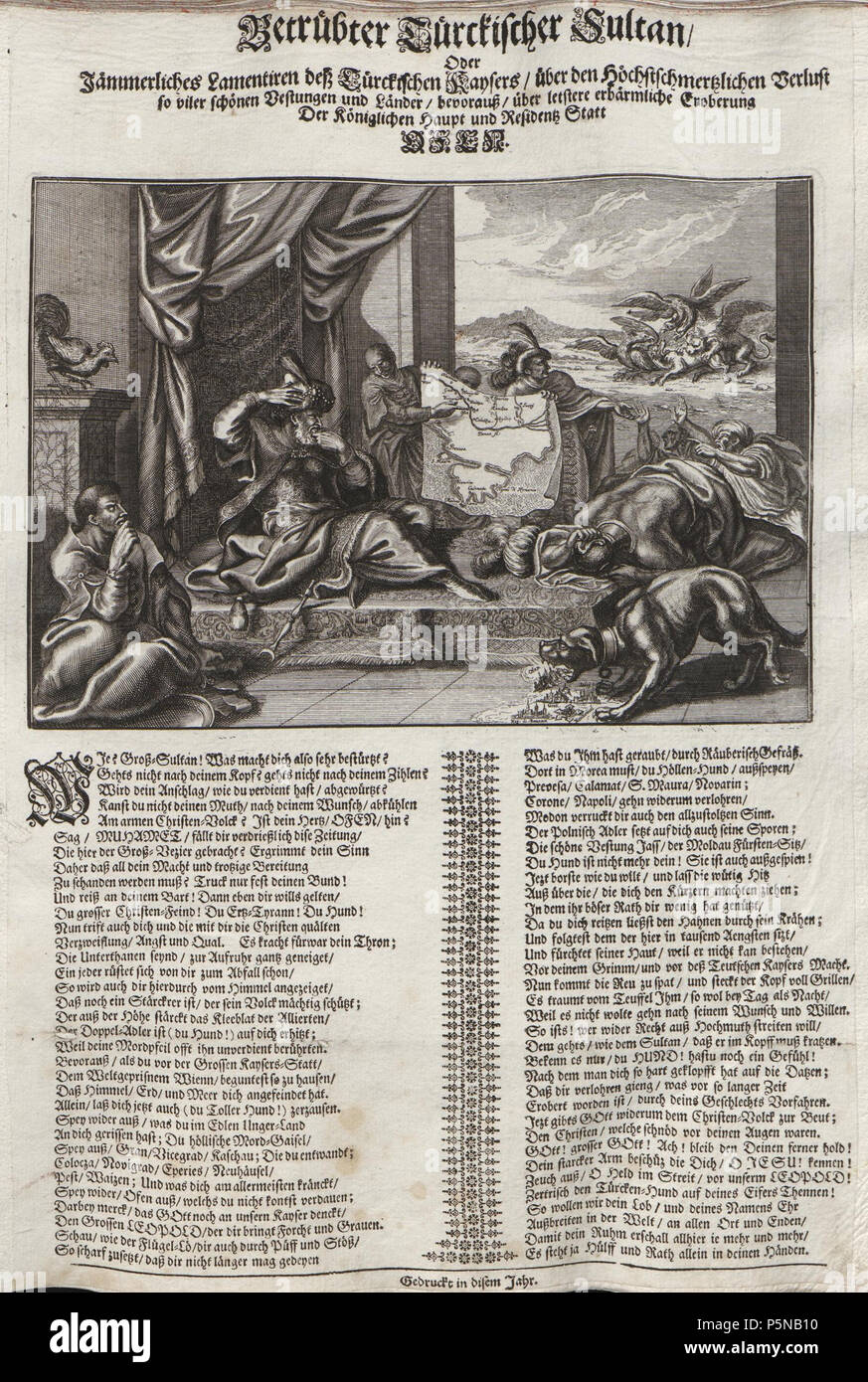 N/A. Grafik aus dem Klebeband Nr. 18 der Fürstlich Waldeckschen Hofbibliothek Arolsen Einblattdruck zur Einnahme von Ofen (Buda, heute Budapest), siehe Belagerung von Ofen (1684/1686) Betrübter Türckischer Sultan / Oder Jämmerliches Lamentiren deß Türckischen Kaysers / über den Höchstschmerzlichen Verlust so viler schönen Vestungen und Länder / bevorauß / über letstere erbärmliche Eroberung Der Königlichen Haupt und Residenz Statt OFEN 'Gedruckt in disem Jahr' . circa 1686. Unknown 139 Arolsen Klebeband 18 013 Stock Photo