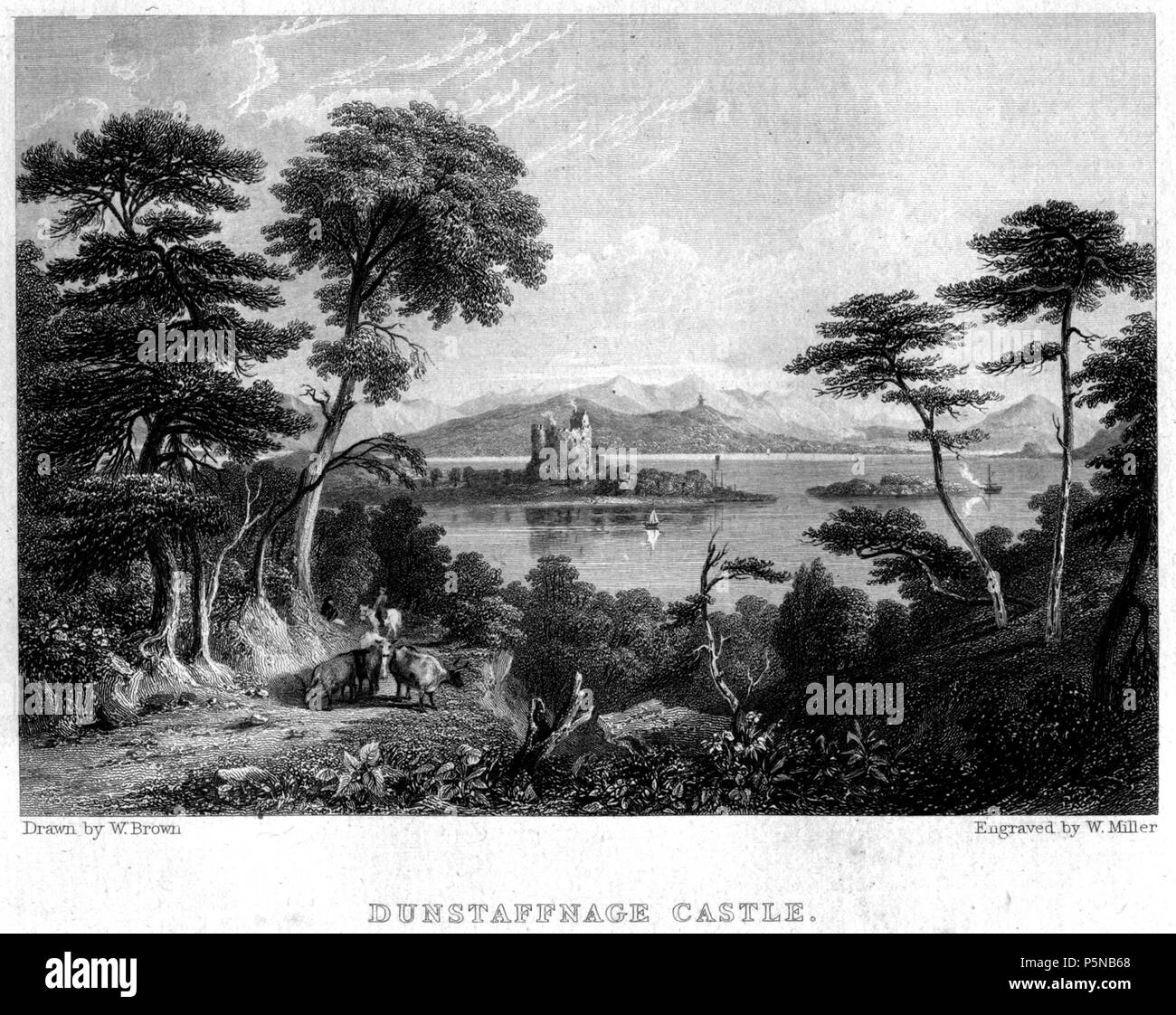 N/A. Dunstaffnage Castle, engraving by William Miller after W Brown, published in Select Views Of The Royal Palaces Of Scotland, From Drawings by William Brown, Glasgow; With Illustrative Descriptions Of Their Local Situation, Present Appearance, And Antiquities. John Jamieson. Cadell & Co & Simpkin Marshall, Edinburgh & London 1830 . 1830.   William Miller  (1796–1882)     Alternative names William Frederick I Miller; William Frederick, I Miller  Description Scottish engraver  Date of birth/death 28 May 1796 20 January 1882  Location of birth/death Edinburgh Sheffield  Authority control  : Q2 Stock Photo