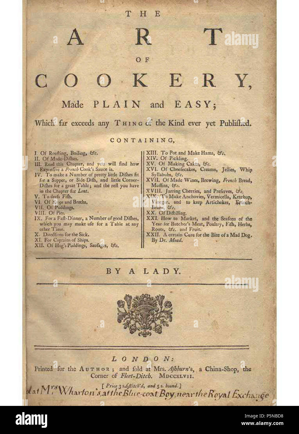 N/A. Titel page of Hannah Glasse's book Art of Cookery, first published in  1747 . 1747. Hannah Glasse (1708–1770) Alternative names pseudonym: A Lady  Description English author and cookery writer Date of
