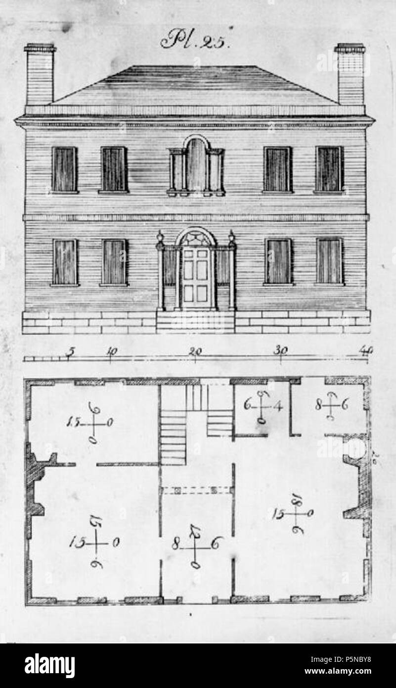 N/A. English: Federal style design for a house -- Plate No. 25 . 1797. Asher Benjamin (1773-1845), architect 142 Asher Benjamin, House Design Stock Photo
