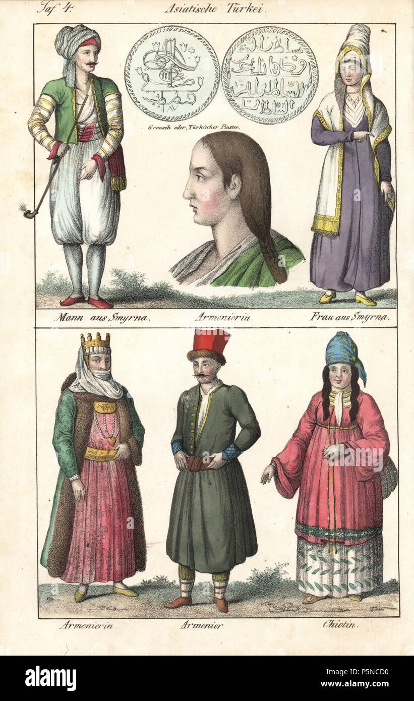 Costumes of Turkey, including a man with tobacco pipe and woman from ...