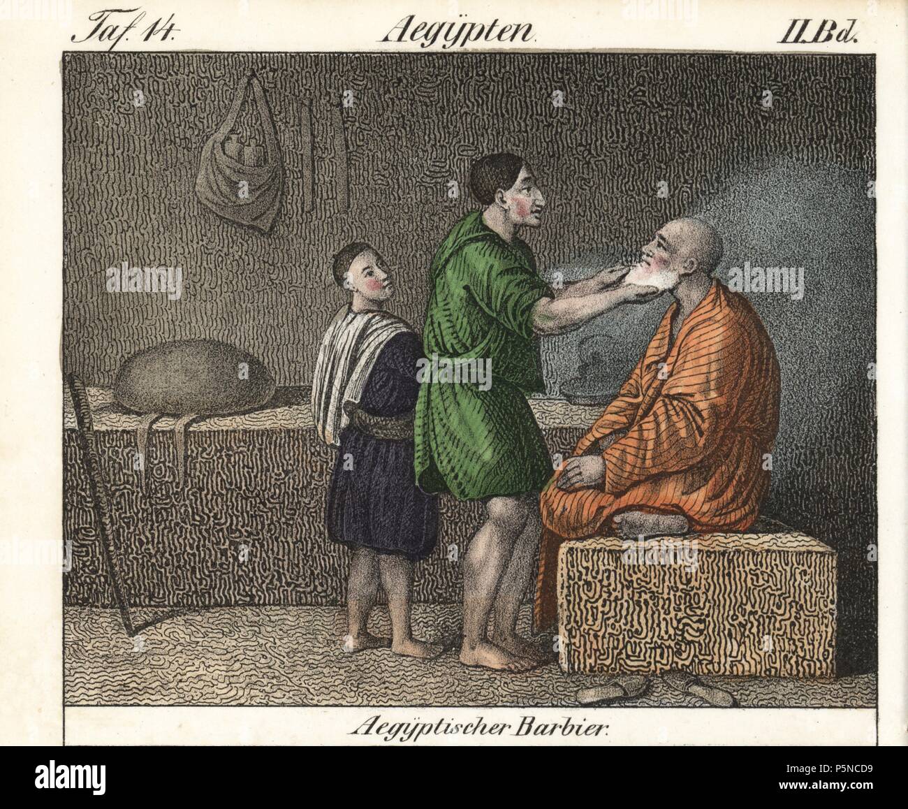Egyptian barbershop with man seated barefoot on a platform while the barber trims his beard. Handcoloured lithograph from Friedrich Wilhelm Goedsche's 'Vollstaendige Völkergallerie in getreuen Abbildungen' (Complete Gallery of Peoples in True Pictures), Meissen, circa 1835-1840. Goedsche (1785-1863) was a German writer, bookseller and publisher in Meissen. Many of the illustrations were adapted from Bertuch's 'Bilderbuch fur Kinder' and others. Stock Photo