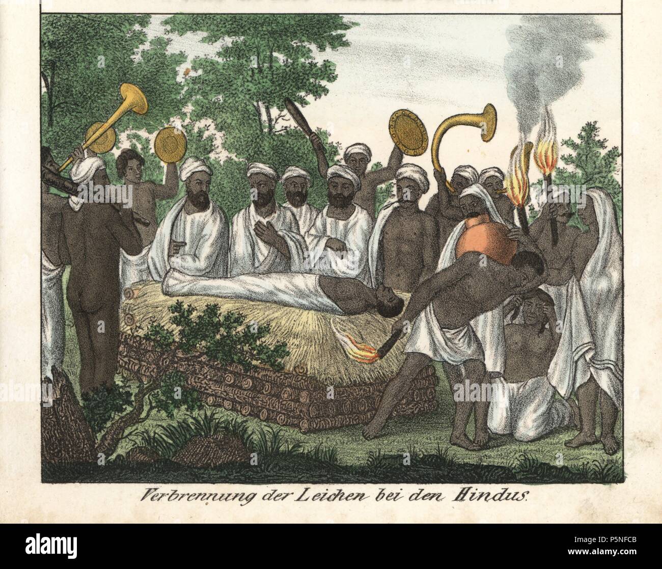 Hindu funeral ceremony with body on a bier about to be cremated, surrounded by mourners and musicians with horns and cymbals. Handcoloured lithograph from Friedrich Wilhelm Goedsche's 'Vollstaendige Völkergallerie in getreuen Abbildungen' (Complete Gallery of Peoples in True Pictures), Meissen, circa 1835-1840. Goedsche (1785-1863) was a German writer, bookseller and publisher in Meissen. Many of the illustrations were adapted from Bertuch's 'Bilderbuch fur Kinder' and others. Stock Photo