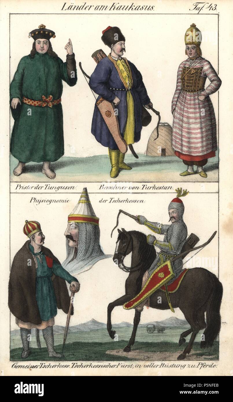 Peoples of the Caucasus mountains: Tungus priest, inhabitants of Turkestan in front of a tent, and Circassian man and prince in chain-mail armour on horseback. Handcoloured lithograph from Friedrich Wilhelm Goedsche's 'Vollstaendige Völkergallerie in getreuen Abbildungen' (Complete Gallery of Peoples in True Pictures), Meissen, circa 1835-1840. Goedsche (1785-1863) was a German writer, bookseller and publisher in Meissen. Many of the illustrations were adapted from Bertuch's 'Bilderbuch fur Kinder' and others. Stock Photo
