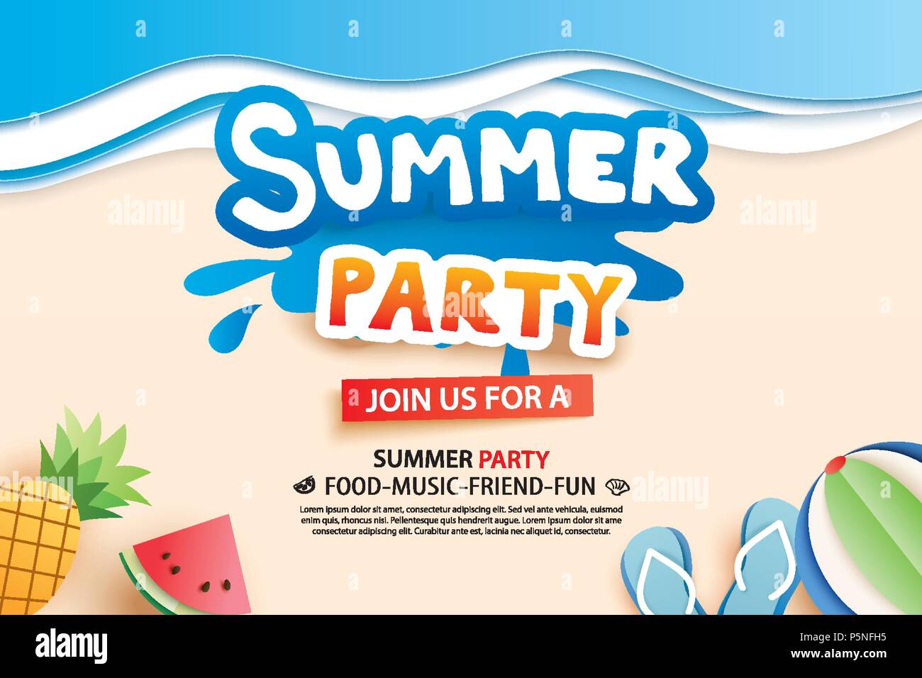 Summer beach party with paper cut symbol and icon for invitation ...