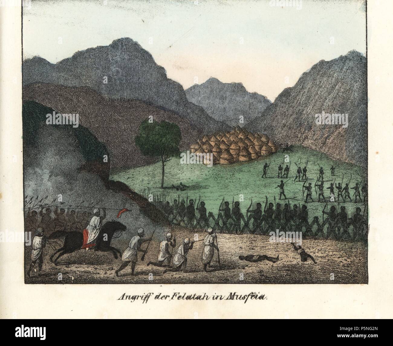 Felatah warriors defending their fortified mountain stronghold of Musfeia from an Arab attack. Handcoloured lithograph from Friedrich Wilhelm Goedsche's 'Vollstaendige Völkergallerie in getreuen Abbildungen' (Complete Gallery of Peoples in True Pictures), Meissen, circa 1835-1840. Goedsche (1785-1863) was a German writer, bookseller and publisher in Meissen. Many of the illustrations were adapted from Bertuch's 'Bilderbuch fur Kinder' and others. Stock Photo