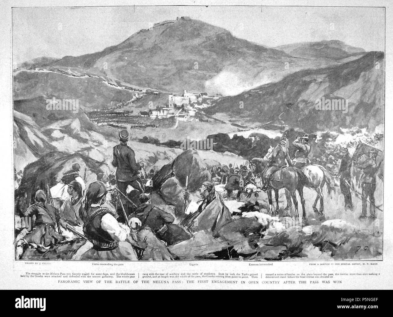N/A. English: Panoramic view of the battlefield at the Meluna Pass on the Greco-Turkish border: the Greek positions in the first level and the advancing Turks beyond . 8 May 1897. John Gulich (1864–1898) 177 Battle at Meluna Pass, 1897 Stock Photo