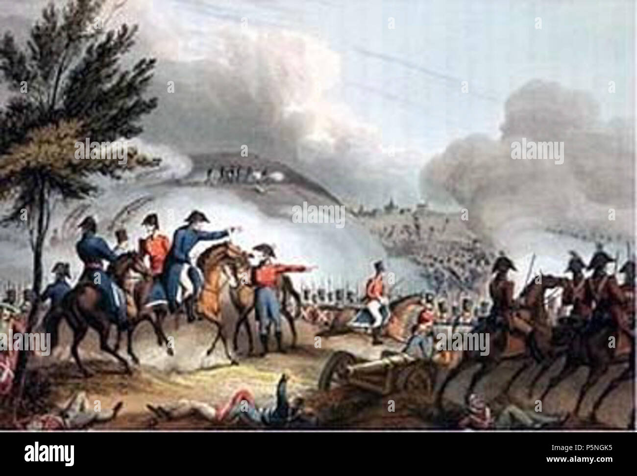 N/A. Deutsch: Schlacht von Salamanca am 22. Juli 1812 war ein wichtiger Sieg der alliierten Truppen unter dem Oberbefehl Wellingtons gegen die französische Armee unter dem Oberbefehl Marschall Auguste de Marmonts. Sie fand in der Nähe der Hügel der „Arapiles“ südlich von Salamanca in Spanien (Kastilien-León) statt und wird daher in Frankreich auch Schlacht an den Arapiles (bataille des Arapiles) genannt. Die französischen Verluste dieser Schlacht lagen bei ca. 15.000 Soldaten, die der Alliierten bei ca. 5.000 Mann. Marschall Marmont selbst verlor hier seinen rechten Arm. 1812. Illustration von Stock Photo