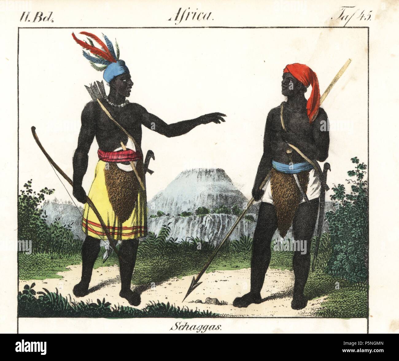 Chagga warriors of Tanzania with bow and arrow, spear and curved swords, wearing feather cap, skirt and animal skin loincloths. Handcoloured lithograph from Friedrich Wilhelm Goedsche's 'Vollstaendige Völkergallerie in getreuen Abbildungen' (Complete Gallery of Peoples in True Pictures), Meissen, circa 1835-1840. Goedsche (1785-1863) was a German writer, bookseller and publisher in Meissen. Many of the illustrations were adapted from Bertuch's 'Bilderbuch fur Kinder' and others. Stock Photo