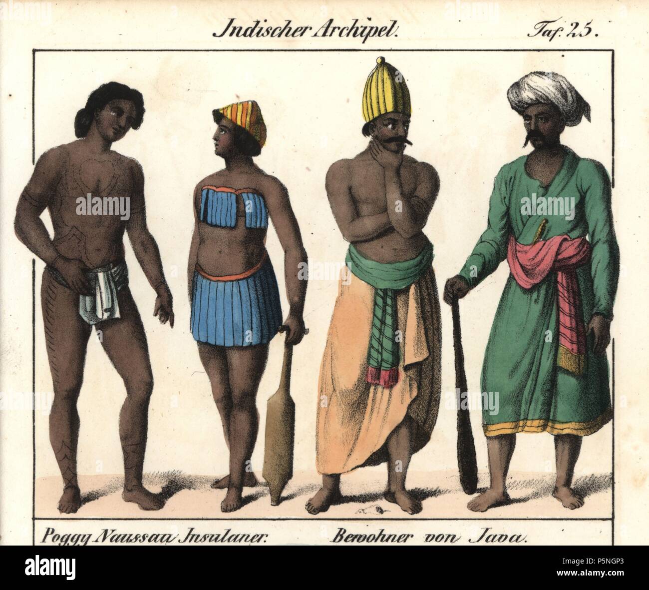 Islanders with tattoos from the islands of Poggy and Naussau, off Sumatra, and natives of Java, Indonesia. Handcoloured lithograph from Friedrich Wilhelm Goedsche's "Vollstaendige Völkergallerie in getreuen Abbildungen" (Complete Gallery of Peoples in True Pictures), Meissen, circa 1835-1840. Goedsche (1785-1863) was a German writer, bookseller and publisher in Meissen. Many of the illustrations were adapted from Bertuch's "Bilderbuch fur Kinder" and others. Stock Photo