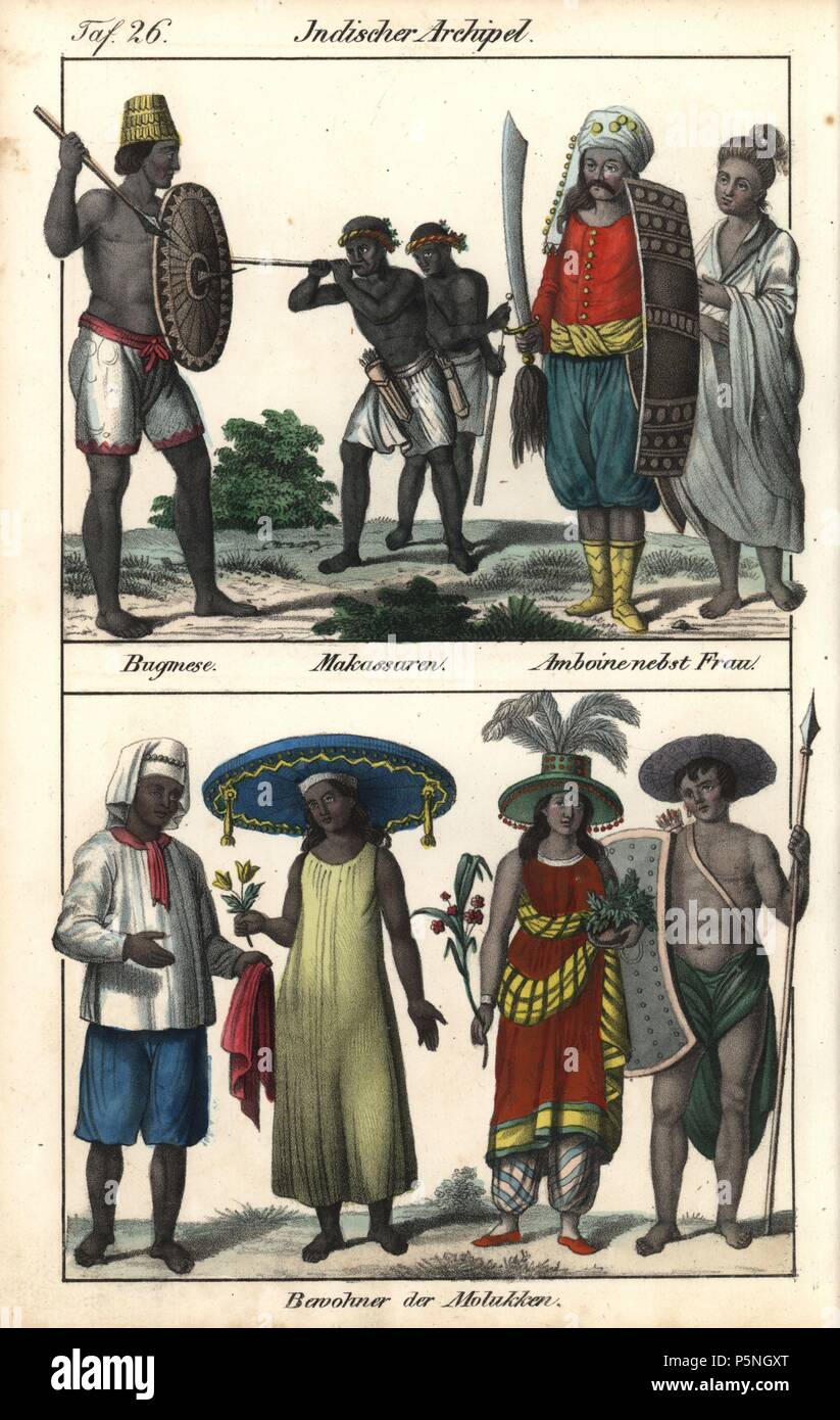 Costumes of the islands of Indonesia: Bugis native of Sulawesi with shield and spear, Makassar islanders with blowpipes, Ambon man and wife and natives with wide-brimmed hats of the Moluccas (Maluku). Handcoloured lithograph from Friedrich Wilhelm Goedsche's 'Vollstaendige Völkergallerie in getreuen Abbildungen' (Complete Gallery of Peoples in True Pictures), Meissen, circa 1835-1840. Goedsche (1785-1863) was a German writer, bookseller and publisher in Meissen. Many of the illustrations were adapted from Bertuch's 'Bilderbuch fur Kinder' and others. Stock Photo