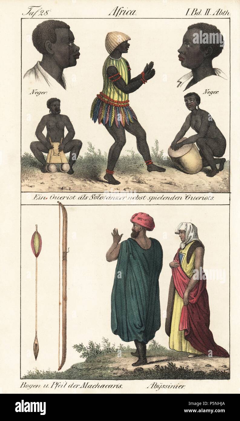 African costumes: griot musicians on drum and balafon and solo dancer in hat and feathers. Abyssinian man and woman, and bow and arrow of the Machacari. Handcoloured lithograph from Friedrich Wilhelm Goedsche's "Vollstaendige Völkergallerie in getreuen Abbildungen" (Complete Gallery of Peoples in True Pictures), Meissen, circa 1835-1840. Goedsche (1785-1863) was a German writer, bookseller and publisher in Meissen. Many of the illustrations were adapted from Bertuch's "Bilderbuch fur Kinder" and others. Stock Photo