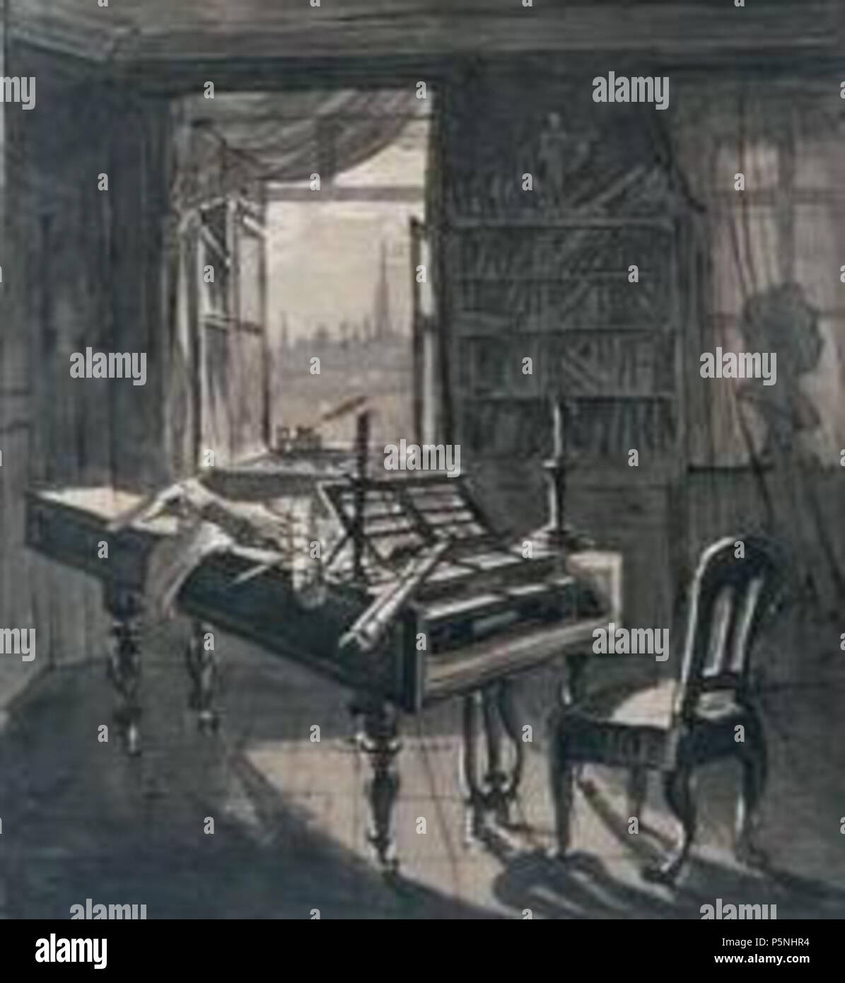 N/A. English: Detail from a picture depicting Beethoven's workroom in  Schwarzspanierhaus, 1827 Français : Détail d'un tableau représentant la  salle de travail de Beethoven à la Schwarzspanierhaus, en 1827 . circa 1827.