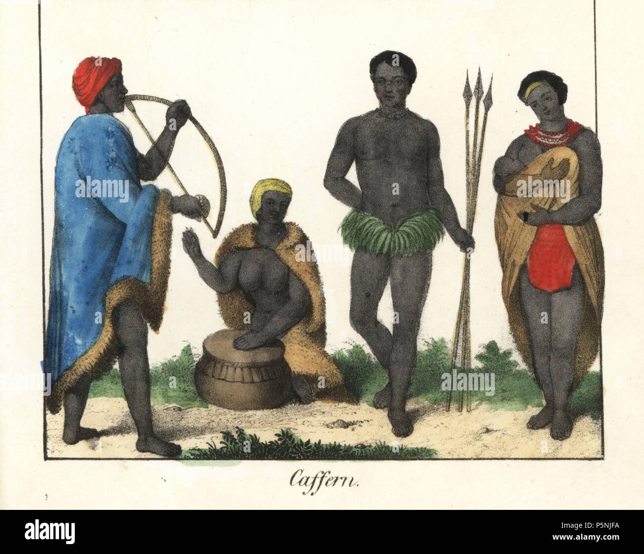 Costumes of the Xhosa people of South Africa. Musicians in fur ...