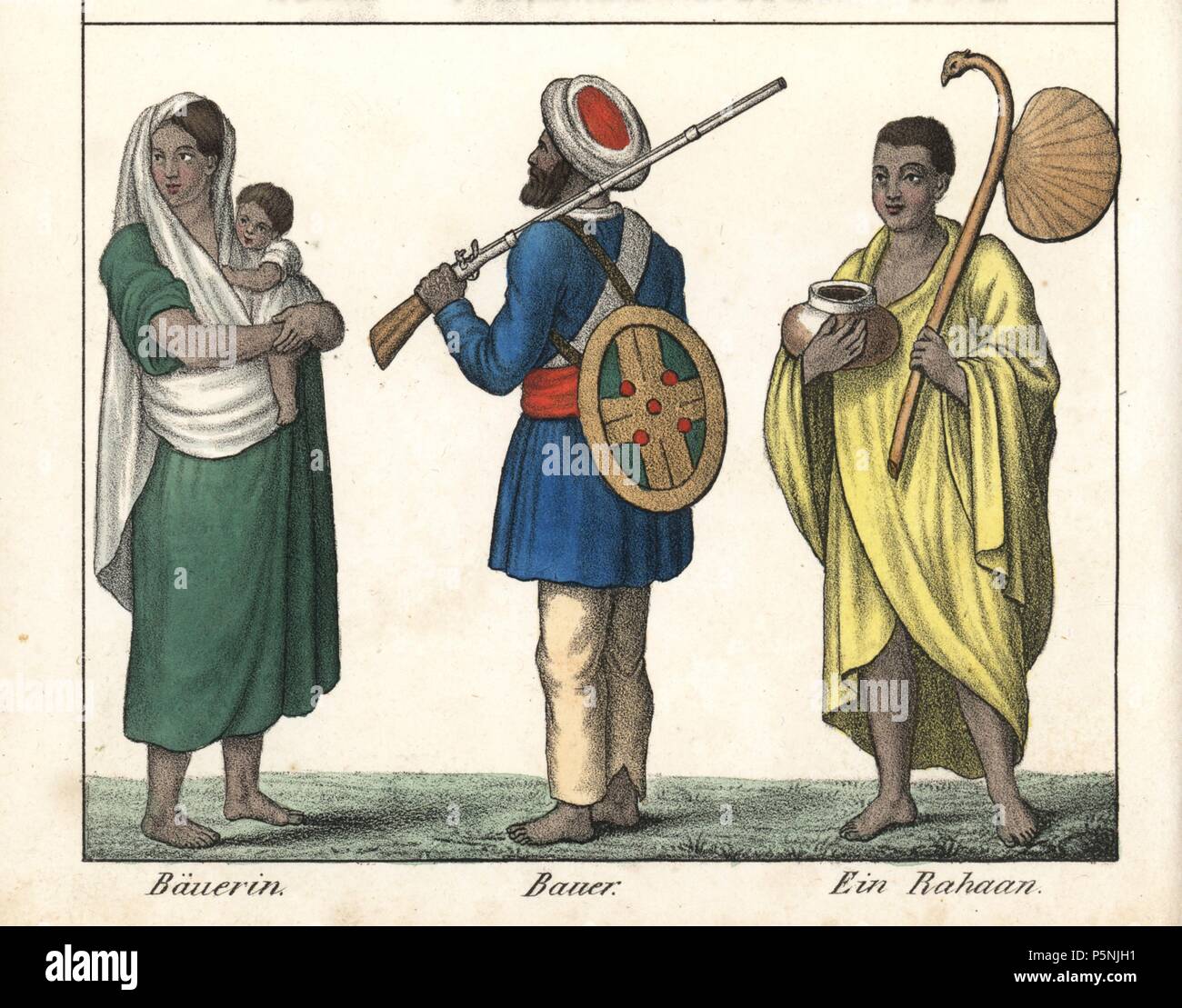 Costumes of Indian farmer with shield and rifle, woman farmer with baby, and monk with begging bowl and saffron robes. Handcoloured lithograph from Friedrich Wilhelm Goedsche's 'Vollstaendige Völkergallerie in getreuen Abbildungen' (Complete Gallery of Peoples in True Pictures), Meissen, circa 1835-1840. Goedsche (1785-1863) was a German writer, bookseller and publisher in Meissen. Many of the illustrations were adapted from Bertuch's 'Bilderbuch fur Kinder' and others. Stock Photo